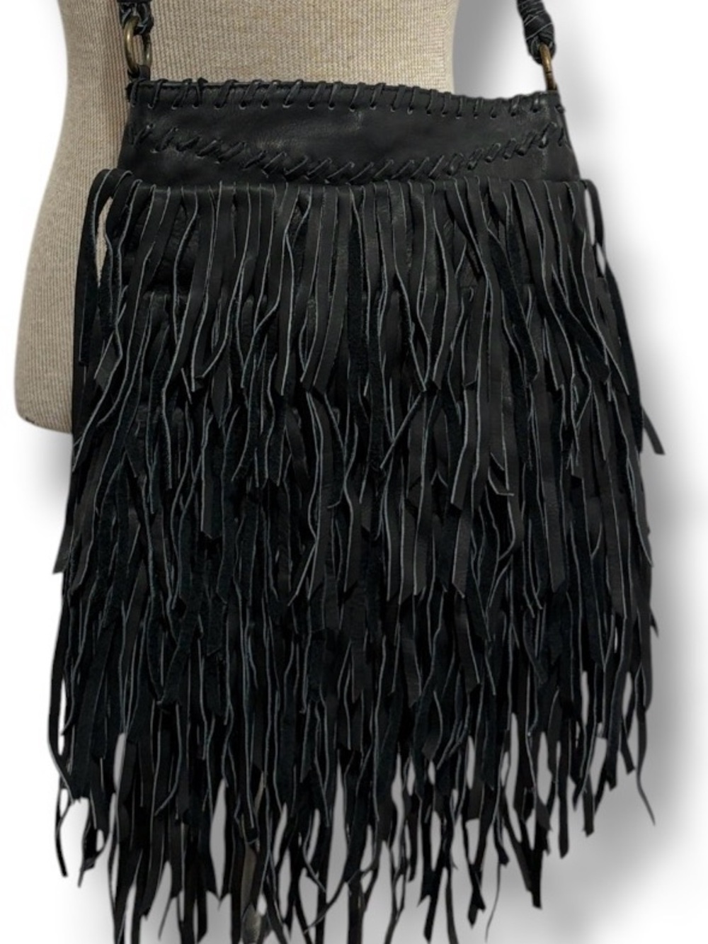 Black Leather Long Fringe Crossbody Bag Gypsy Junkies Biker Chic Hobo